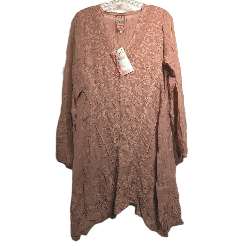 Johnny Was Tunic Dress Women M Boho Embroidered Trapeze Lace Long Sleeve NWT